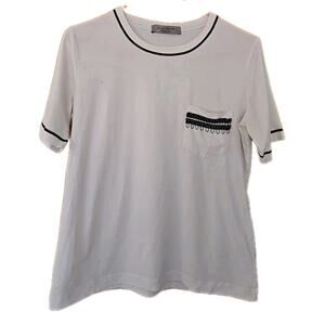 D Exterior Short Sleeve Shirt Beaded Pocket Top Size Large White